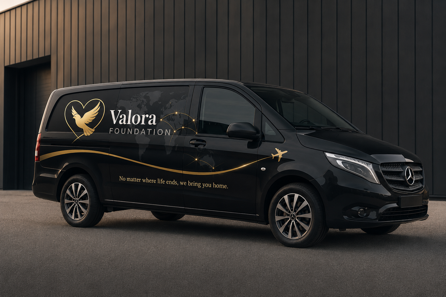 Valora Foundation branded repatriation vehicle with gold dove and world map livery